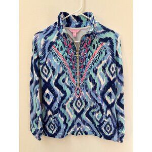 Lilly Pulitzer UPF 50+ Skipper Popover S Blue & White Ikat Print With Teal & Pin